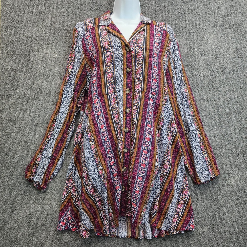 Natural Life Women's Floral Striped Boho Hippie Rayon Button Front Tunic Top L
